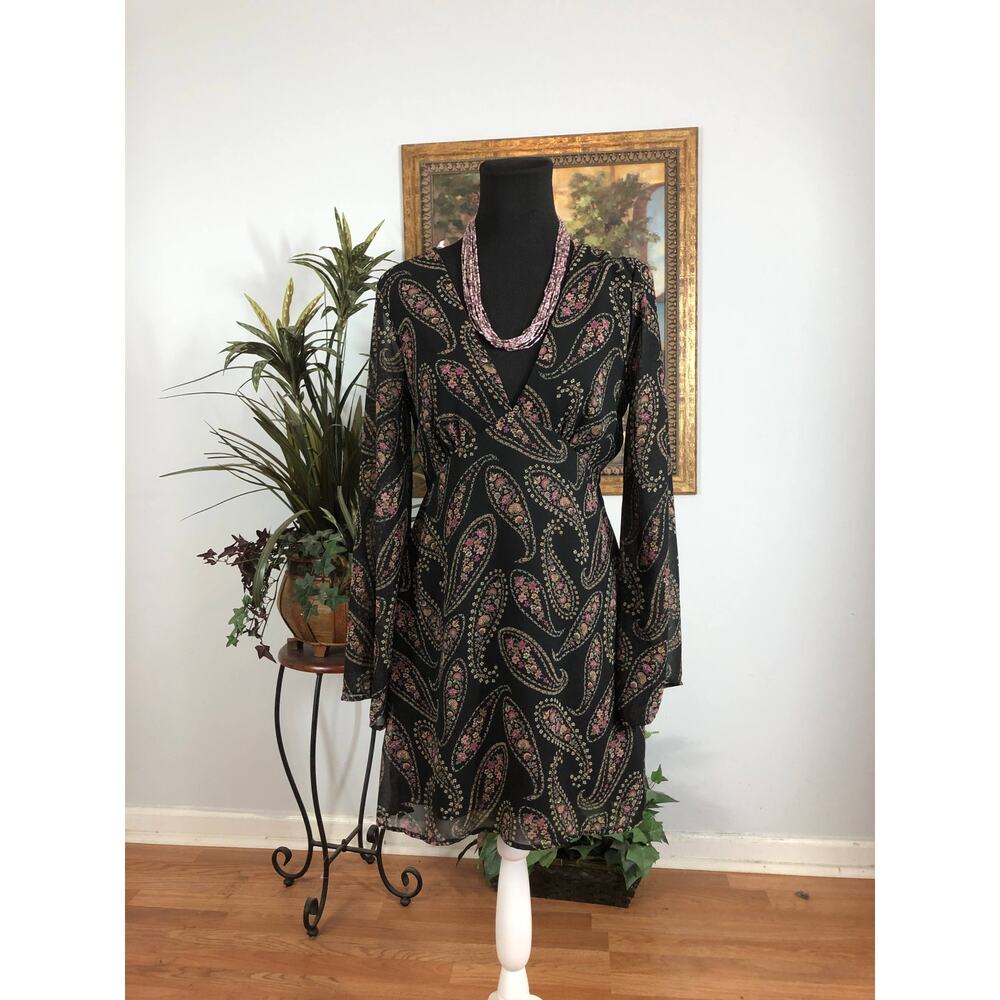 Forever 21 Dress Womens Small Black‎ Paisley Floral Long Sleeve Boho Sheer